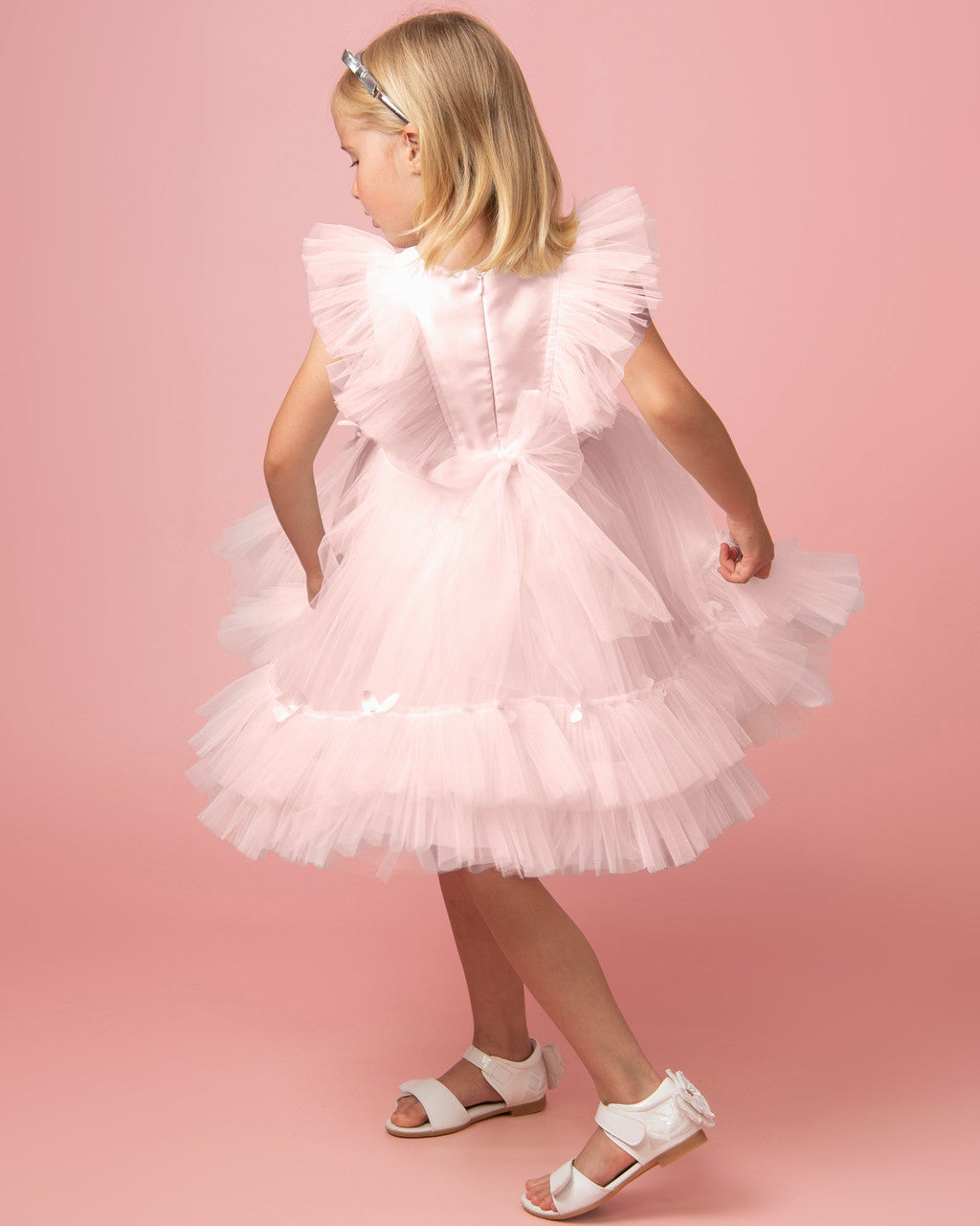 Caramelo Kids Pink Pearl Party Dress with Butterflies and Flowers