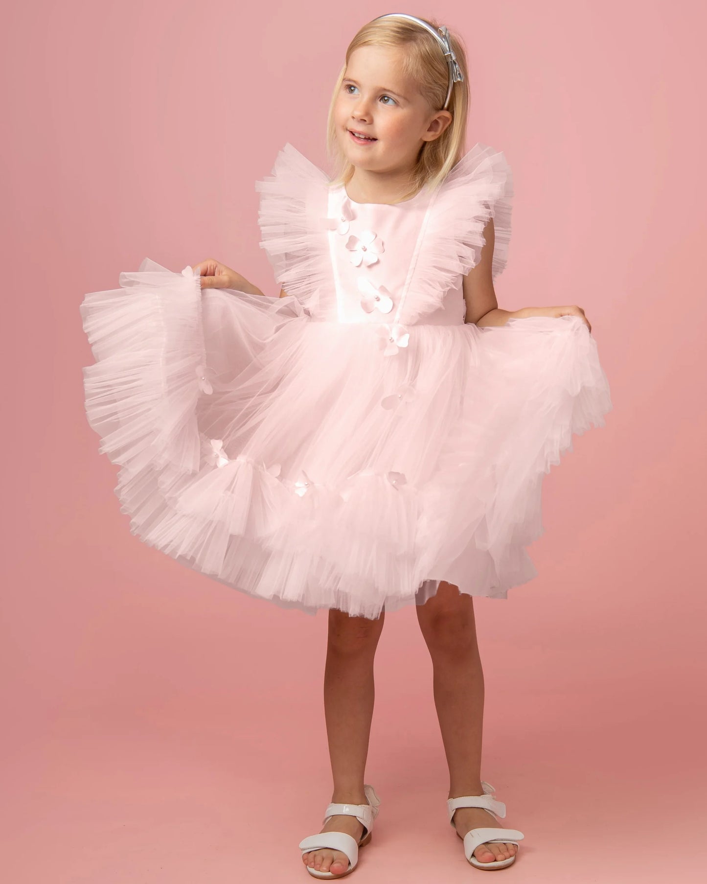 Caramelo Kids Pink Pearl Party Dress with Butterflies and Flowers
