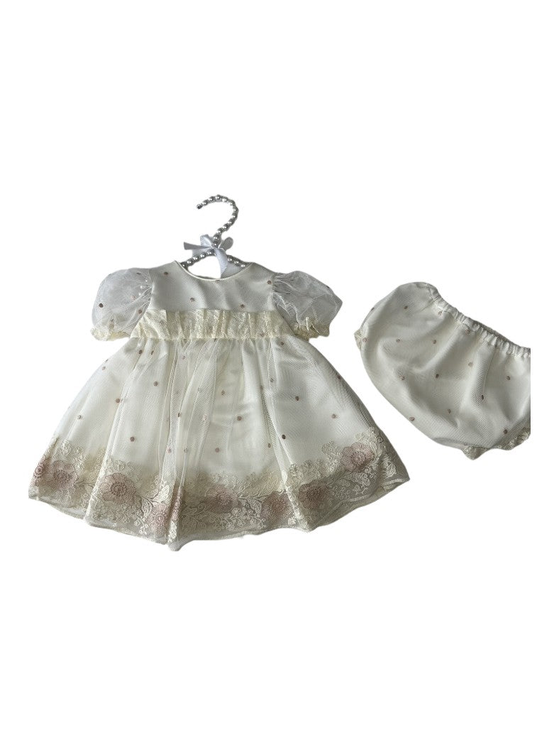Deolinda Baby Girls Polka Dot Tulle Dress and Knickers Set - Ivory & Pink 24308
