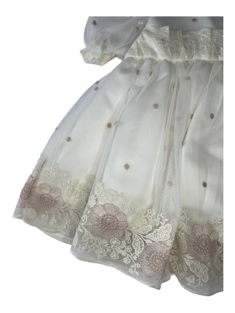 Deolinda Baby Girls Polka Dot Tulle Dress and Knickers Set - Ivory & Pink 24308