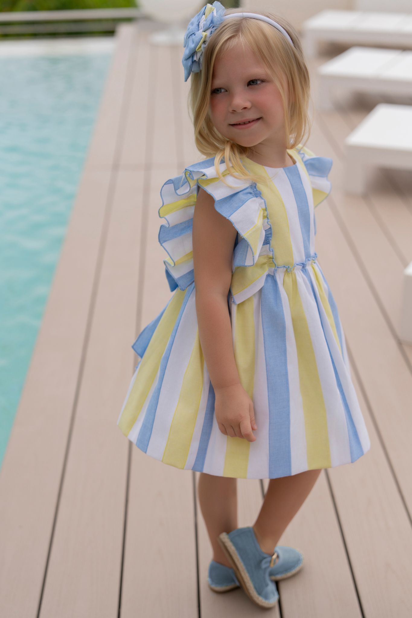 SS26 Miranda Girls Lemon & Blue Stripe Dress – Baby Basics Grays