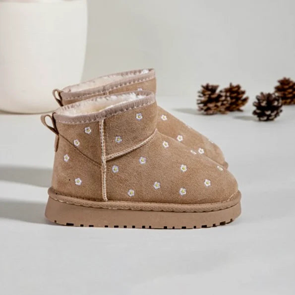 Girls Beige Daisy Embroidered Ankle Boots