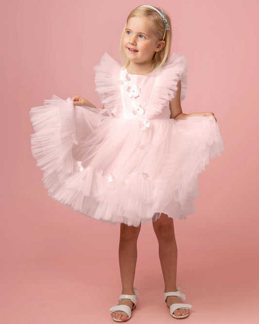 Caramelo Kids Pink Pearl Party Dress with Butterflies and Flowers