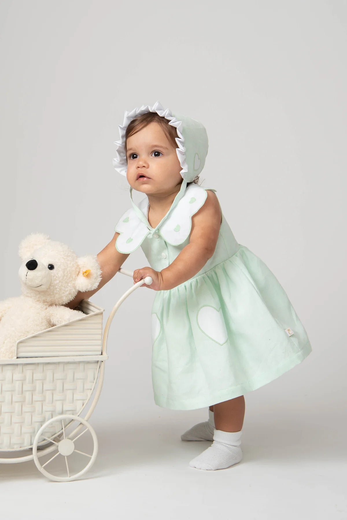 Caramelo Kids Mint Heart Trim Dress and Jampant Set with Bonnet