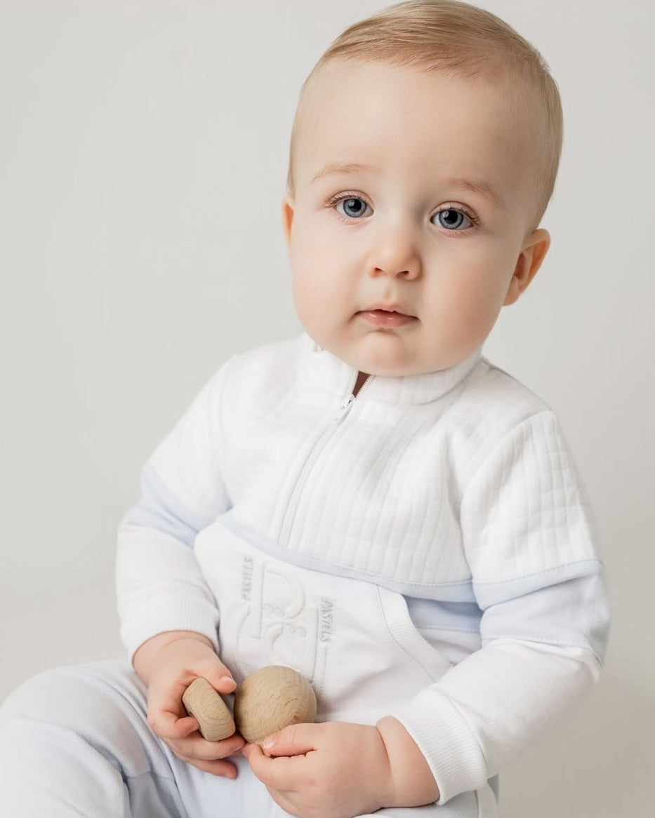 Pastels & Co Boys White and Blue Tracksuit Set with Half Zip Top - Harvey