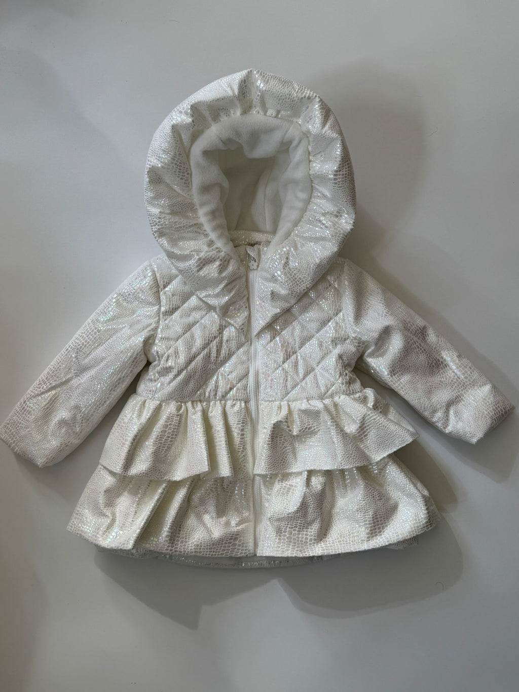 Girls Iridescent Winter Coat Fleece Lined with Hood, Sizes 3M to 5Y, White or Pink