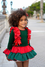 AW25 Ela Confeccion Girls Green and Red Dress Matching Knickers