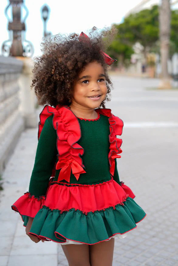 AW25 Ela Confeccion Girls Green and Red Dress Matching Knickers