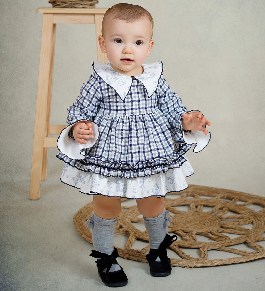 AW25 DBB Baby Girls Navy Check Dress with Matching Knickers and Bonnet