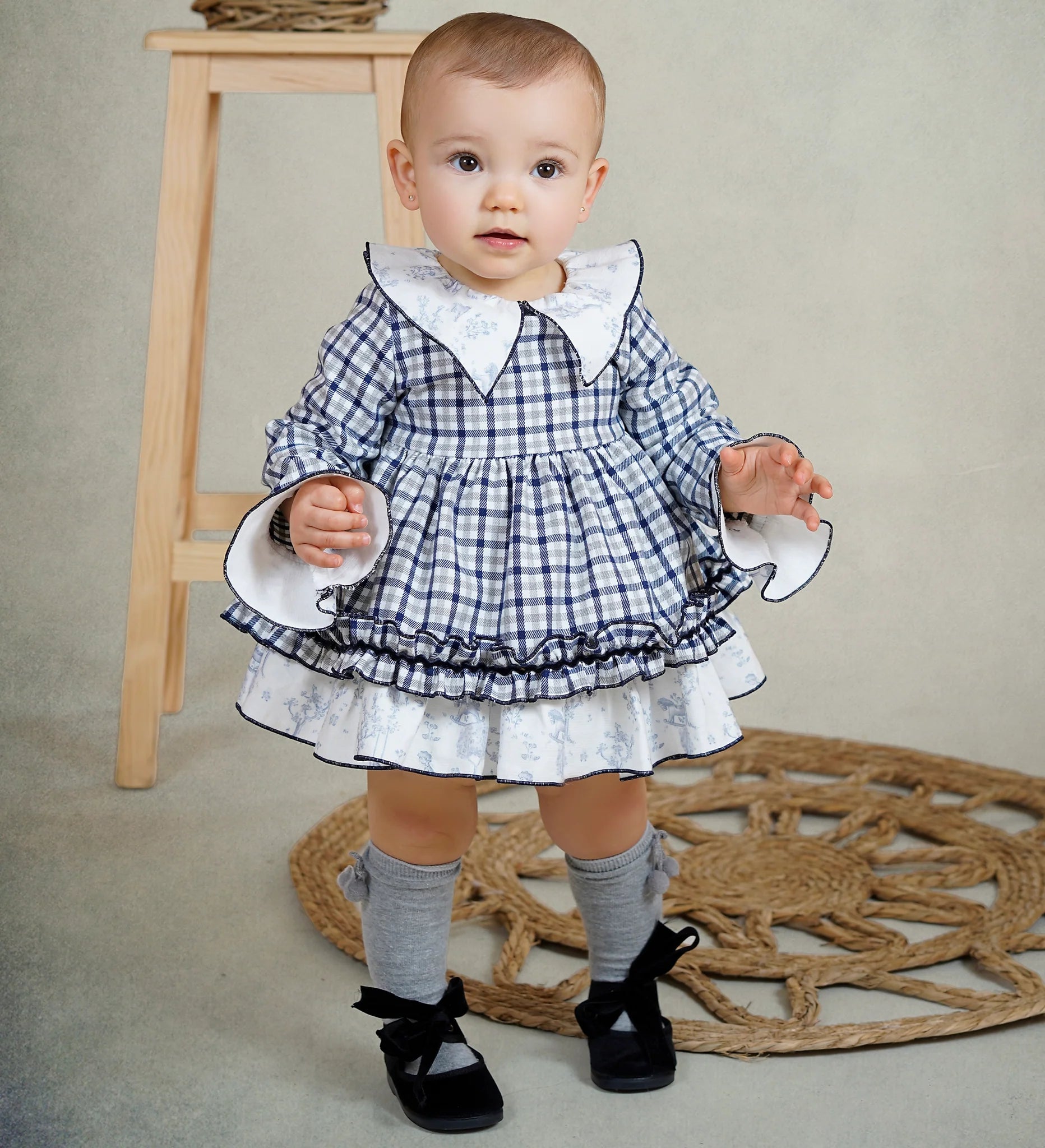 AW25 DBB Baby Girls Navy Check Dress with Matching Knickers and Bonnet