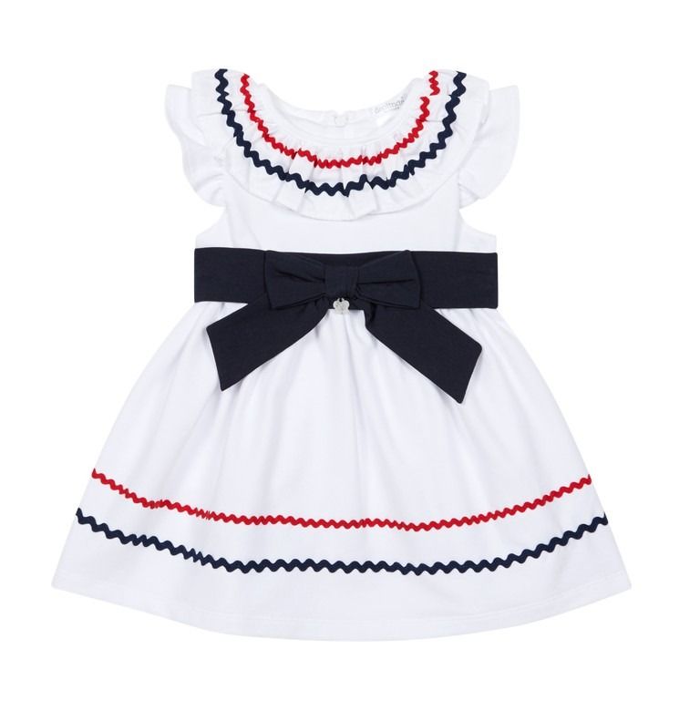 SS26 Deolinda Girls White & Navy Bow Dress