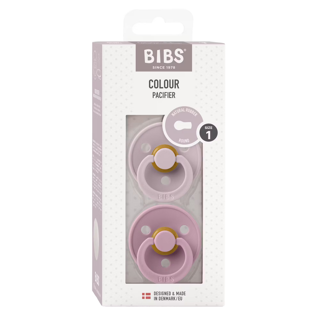 BIBS Colour Round Soother / Dummy 2 Pack Latex – Dusky Lilac & Heather (Size 1, 0+ Months) [110263]