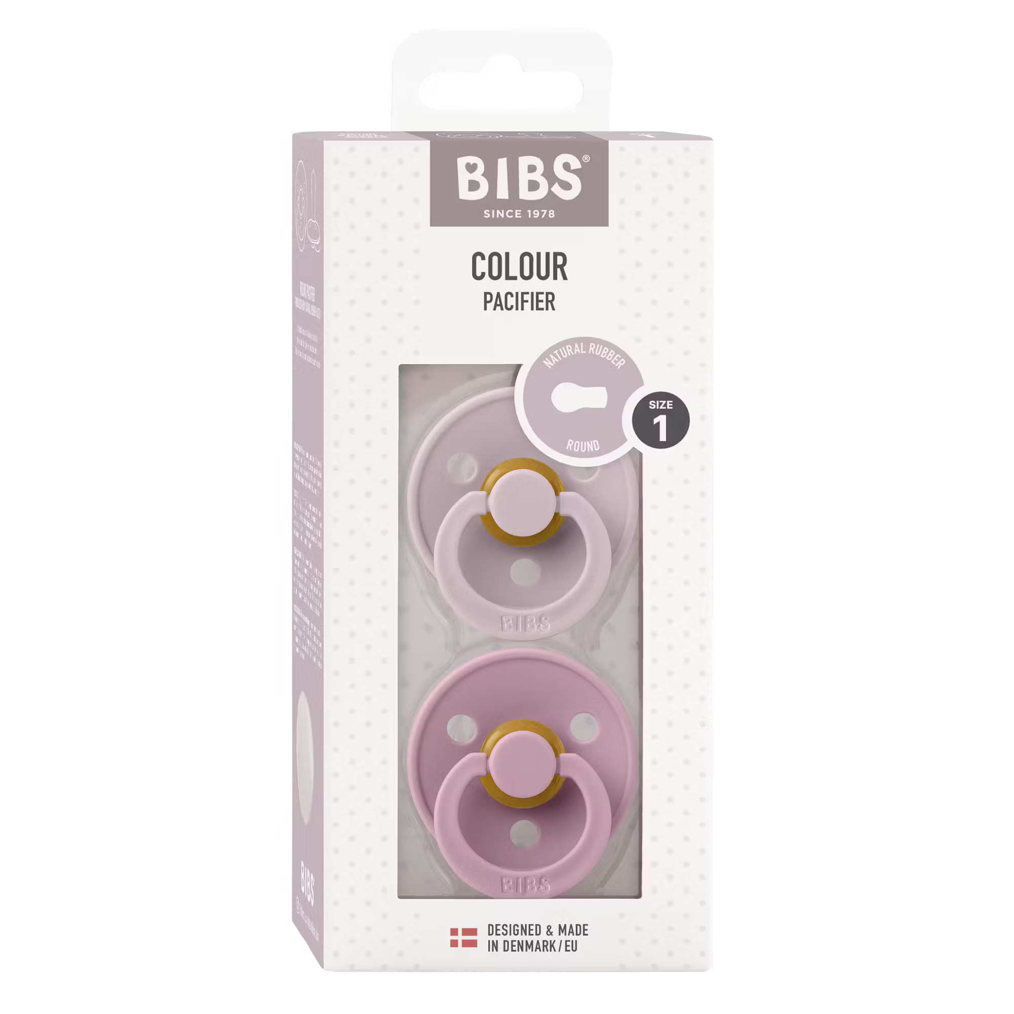 BIBS Colour Round Soother / Dummy 2 Pack Latex – Dusky Lilac & Heather (Size 1, 0+ Months) [110263]