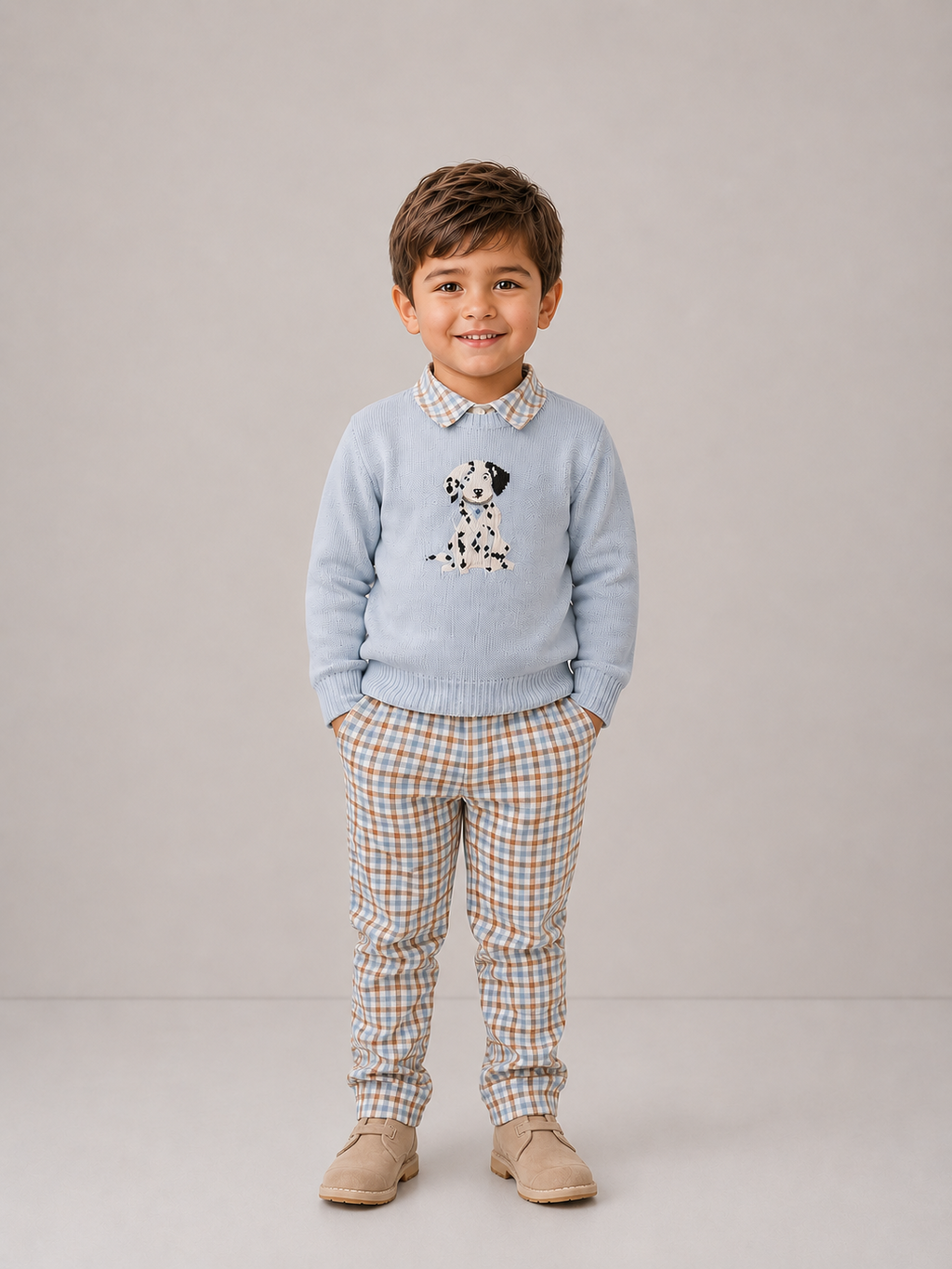AW26 Boys Deolinda Blue Knit Dalmatian Sweater & Check Trouser Set