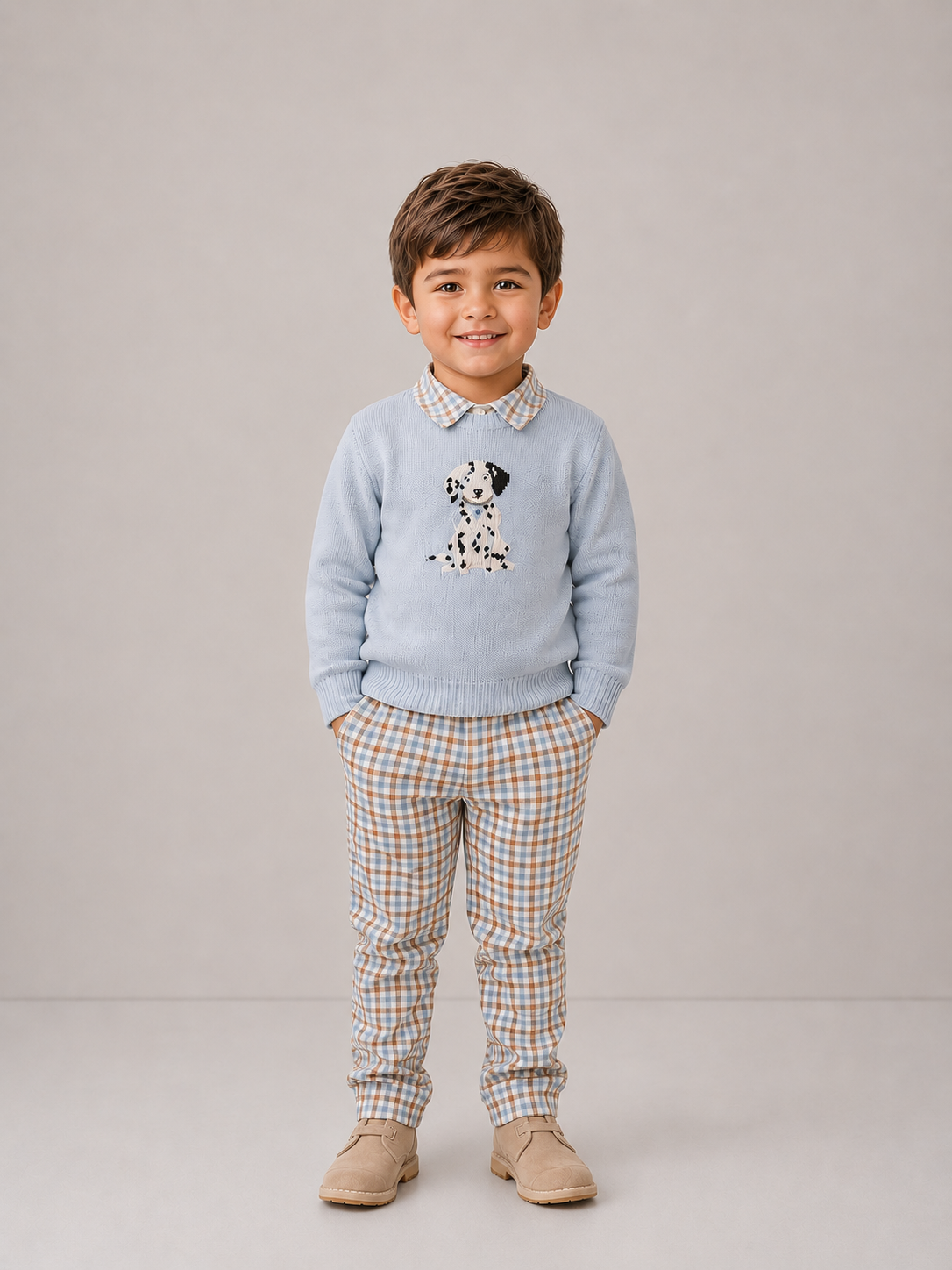 AW26 Boys Deolinda Blue Knit Dalmatian Sweater & Check Trouser Set