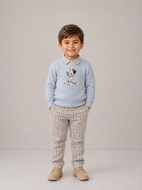 AW26 Boys Deolinda Blue Knit Dalmatian Sweater & Check Trouser Set