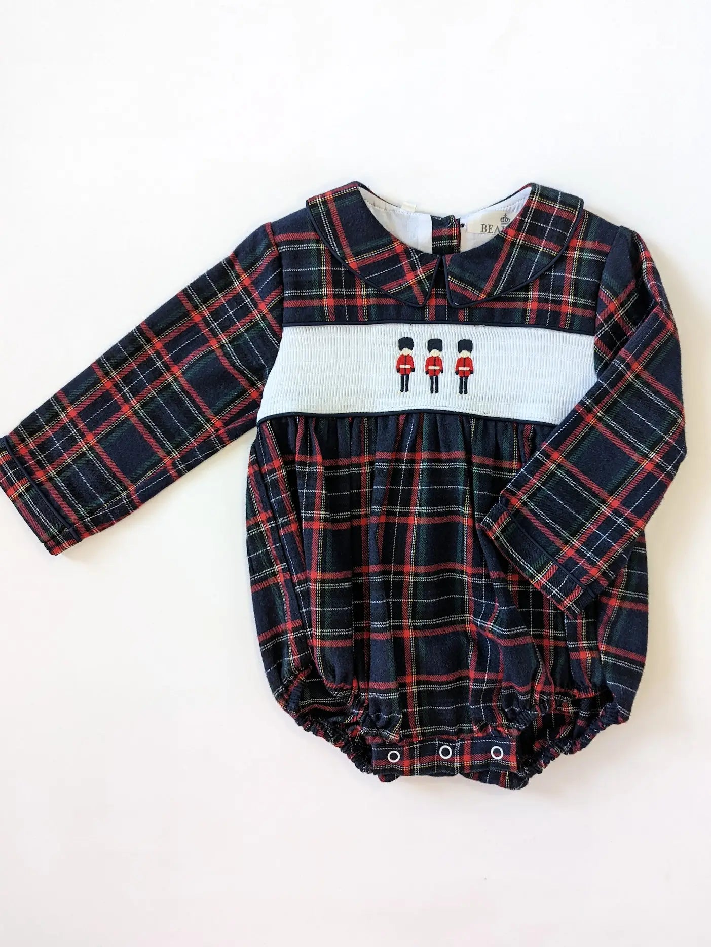 Beau KiD Baby Boys Navy Tartan Check Smocked Soldier Romper