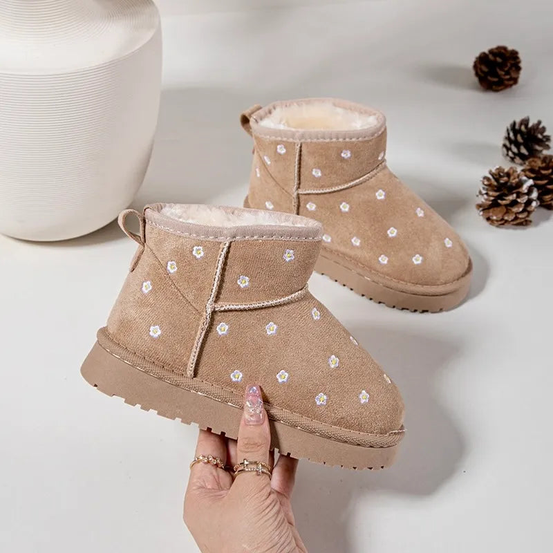 Girls Beige Daisy Embroidered Ankle Boots