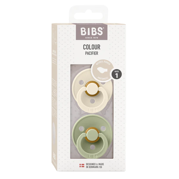 BIBS Colour Anatomical Soother / Dummy 2 Pack Latex – Ivory & Sage (Size 1, 0+ Months) [2111416]