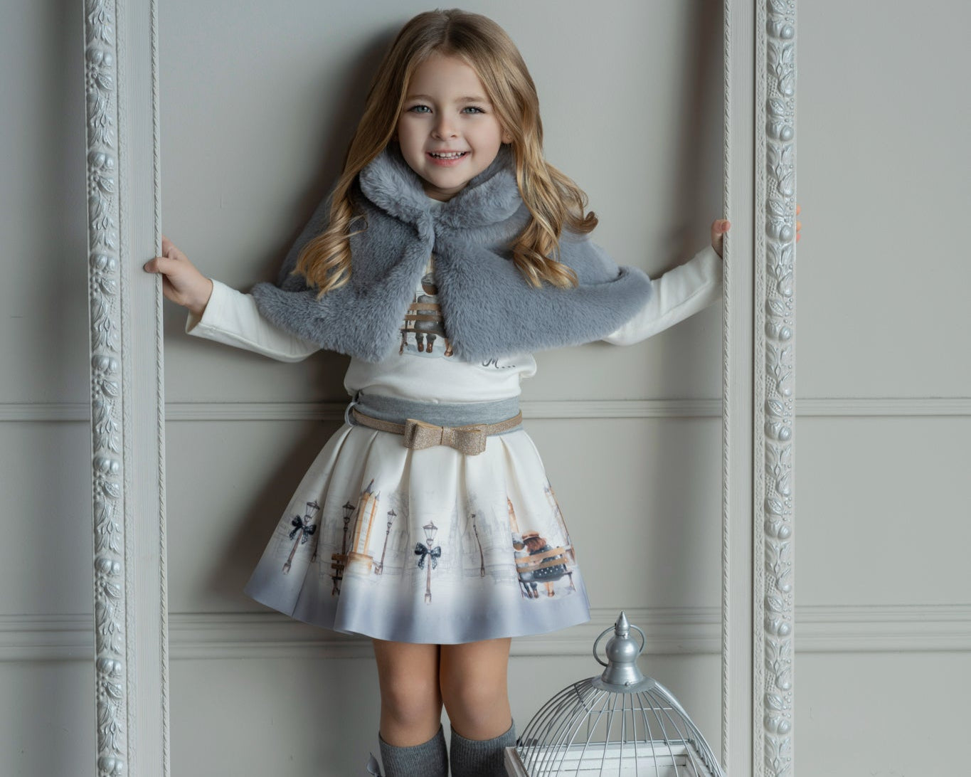 AW25 Miranda Girls Cream and Grey London Scene Skirt Set (Skirt & Top Only)