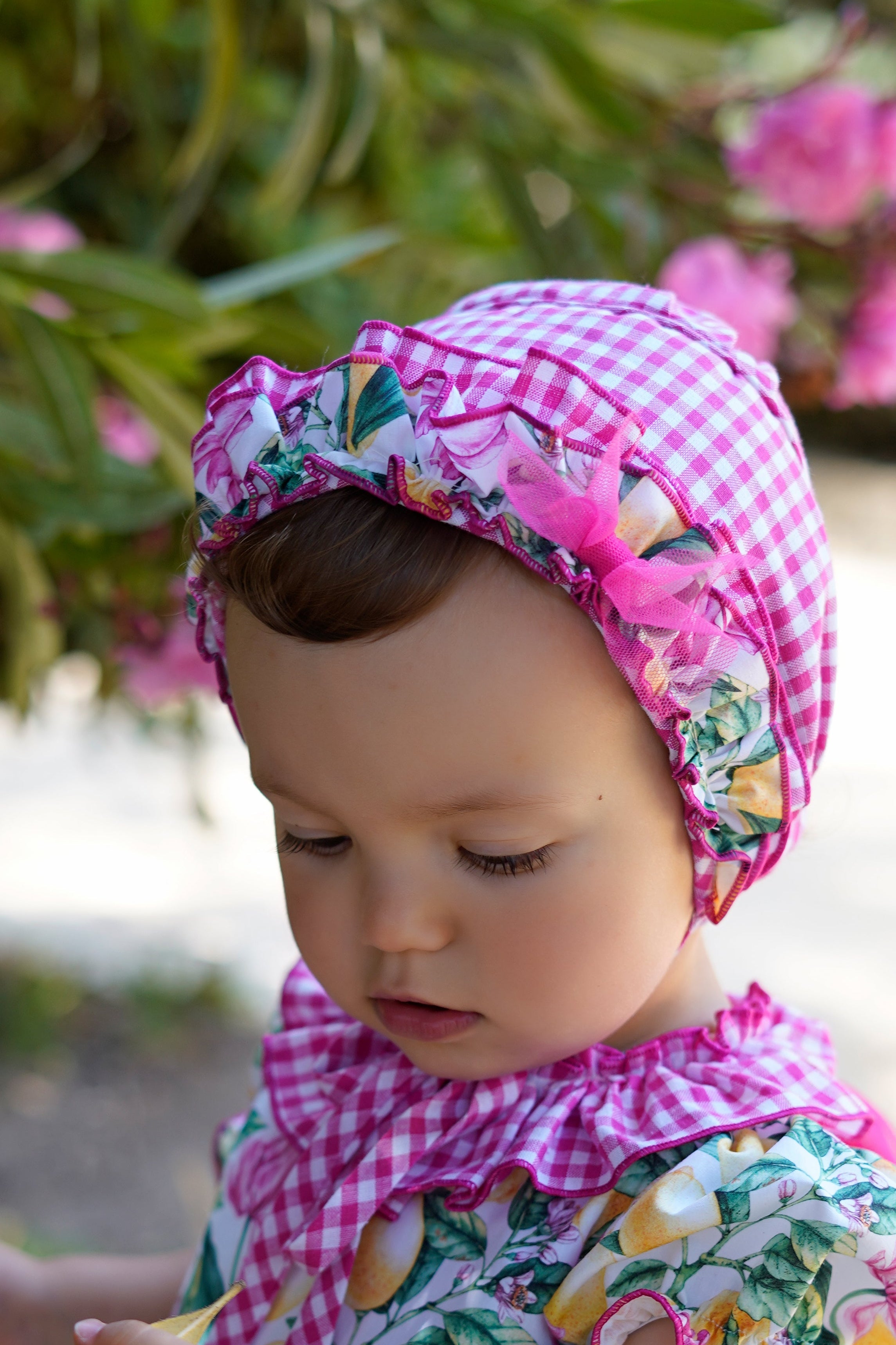 PRE ORDER SS26 Babine Baby Girls Hot Pink Floral & Lemon Print Bonnet