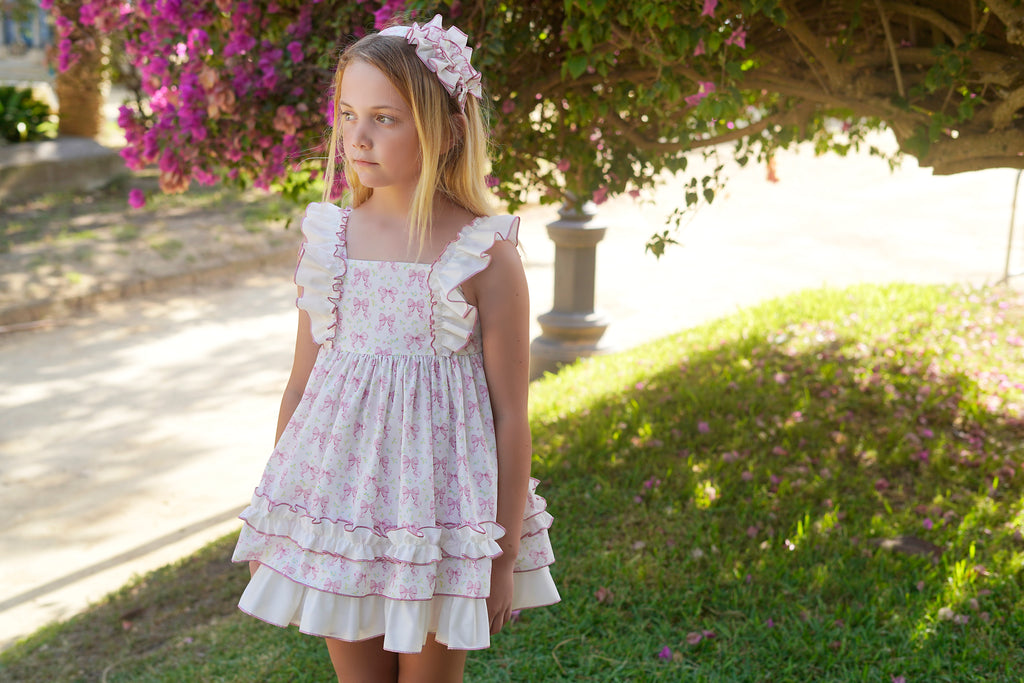 PRE ORDER SS26 Babine Girls White & Pink Bow Dress Bow Back