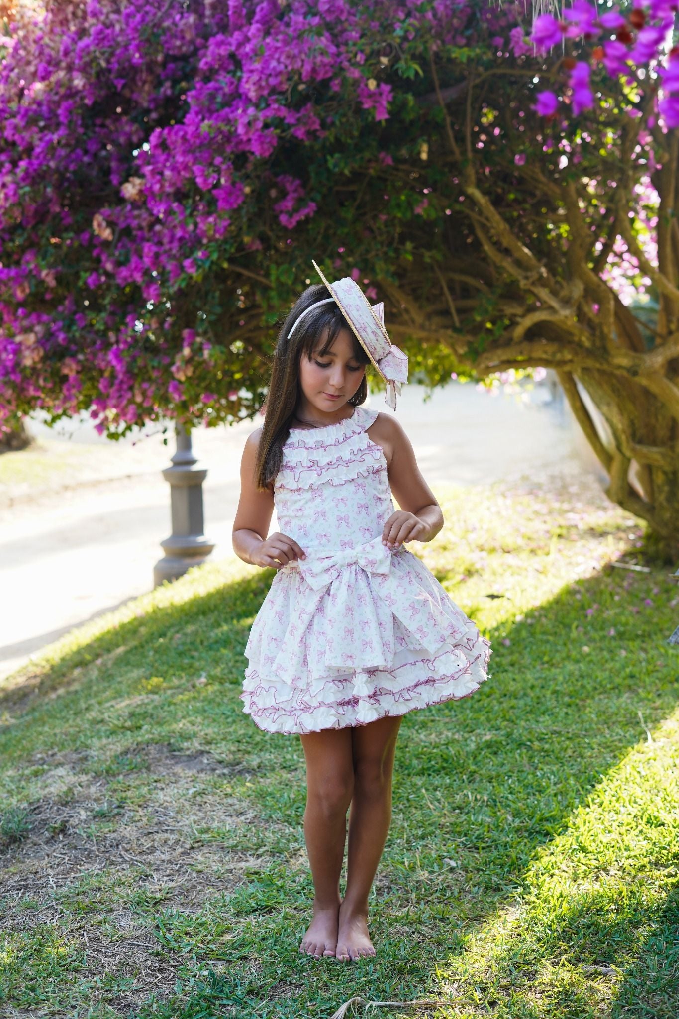 SS26 Babine Girls White & Pink Bow Dress