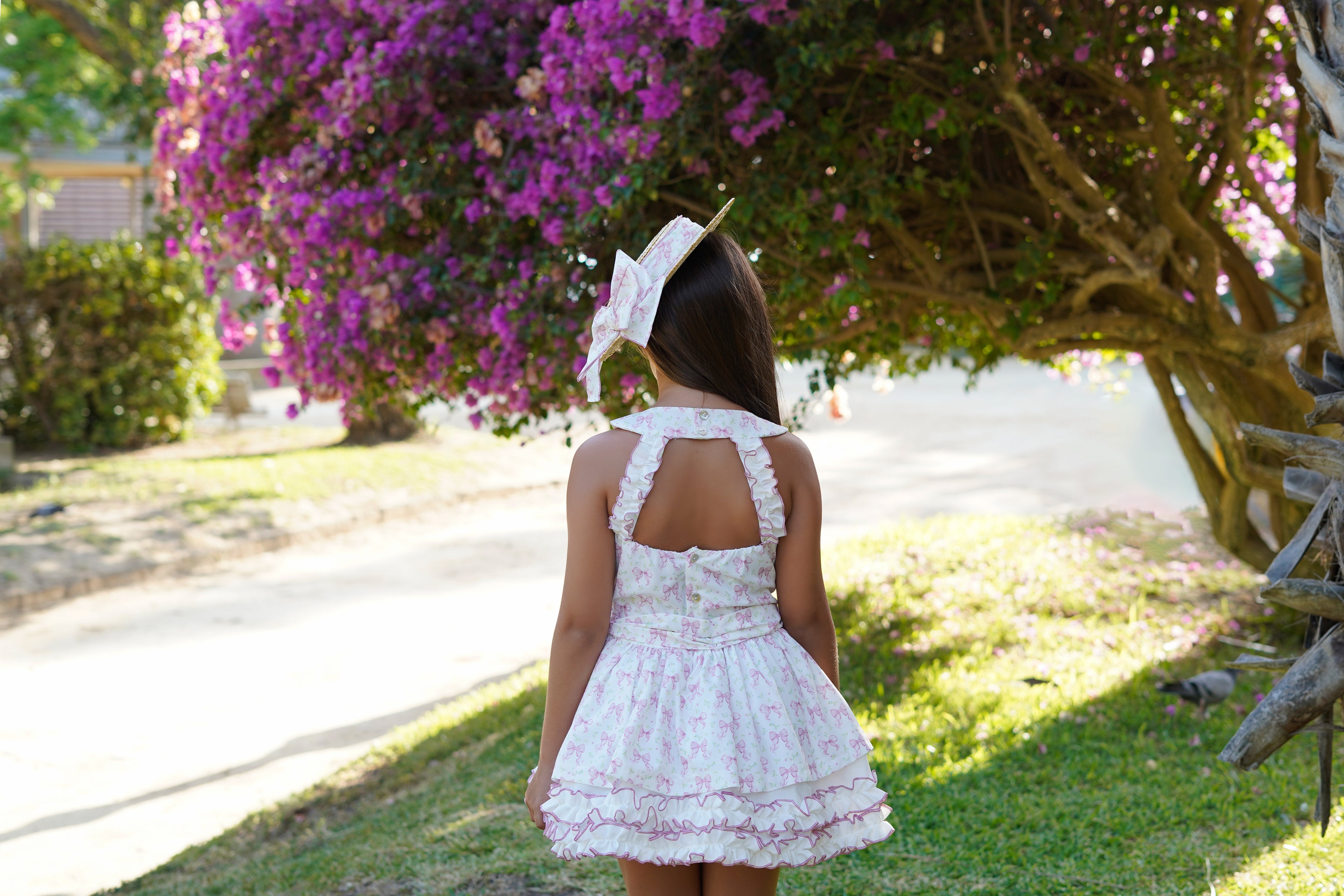 SS26 Babine Girls White & Pink Bow Dress