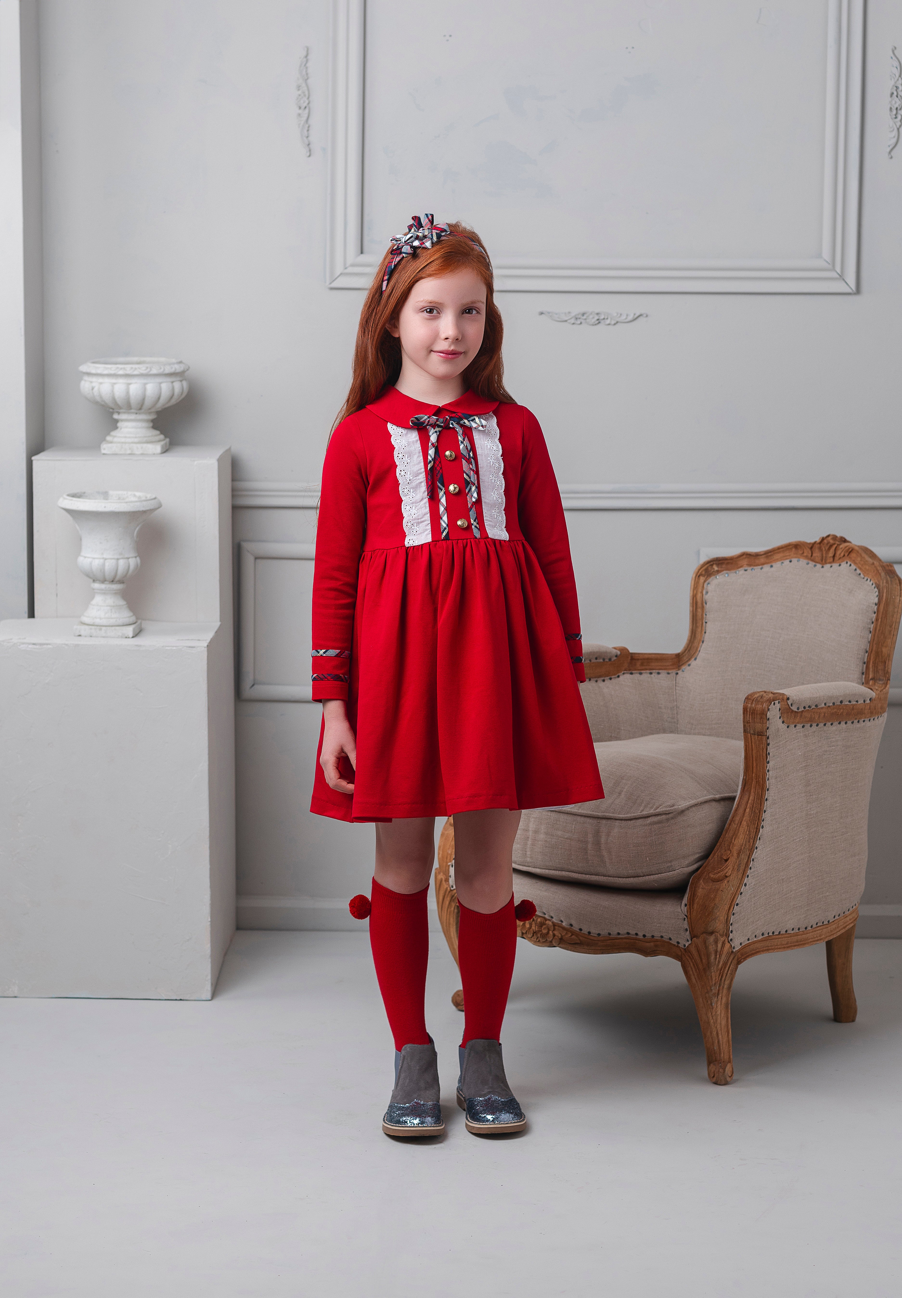 AW25 Rochy Girls Red Dress with Tartan Bows 26727