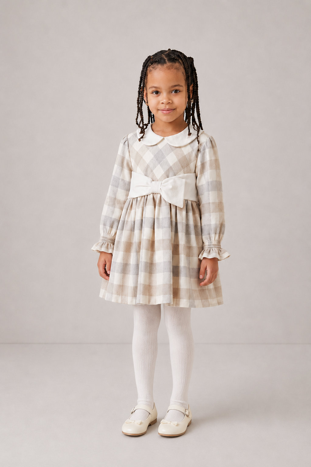 AW26 Deolinda Girls Beige & Off-White Check Dress with Bow