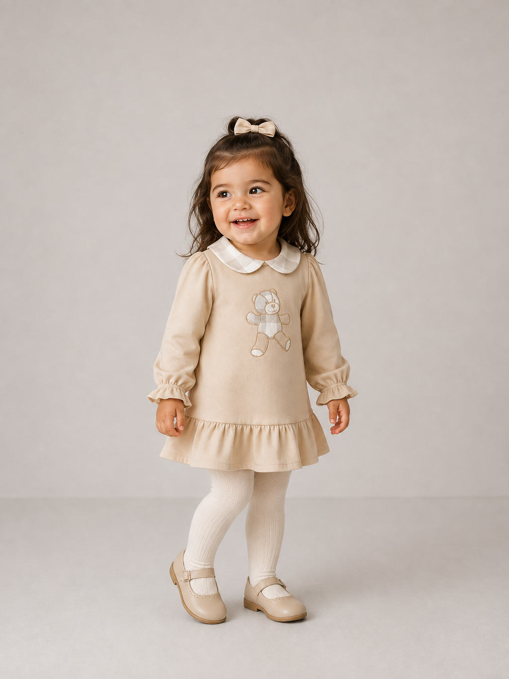 AW26 Deolinda Girls Beige Teddy Bear Ruffle-Hem Beige Dress