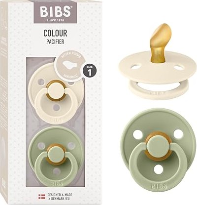 BIBS Colour Anatomical Soother / Dummy 2 Pack Latex – Ivory & Sage (Size 1, 0+ Months) [2111416]