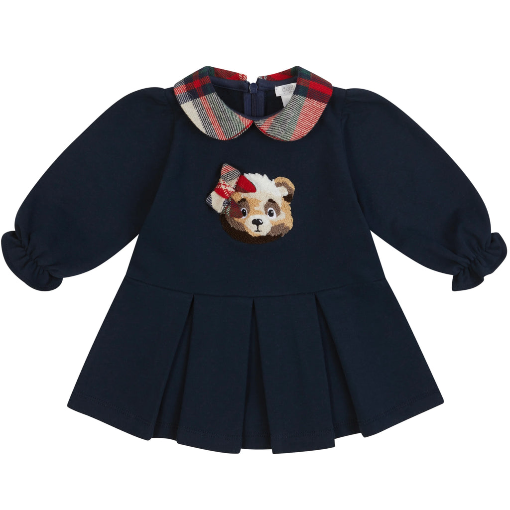 AW25 Deolinda Girls Navy Teddy Bear Dress with Tartan Print
