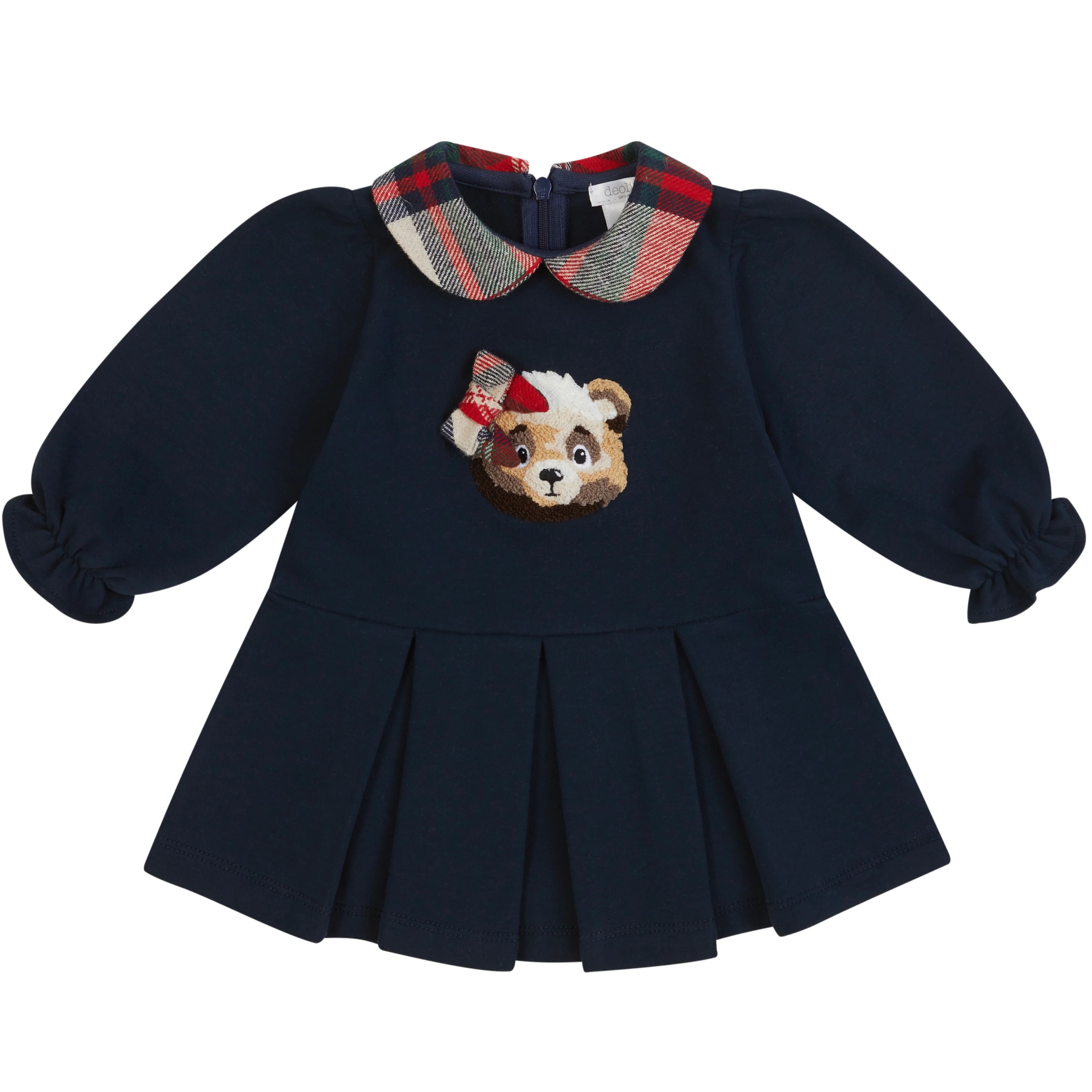 AW25 Deolinda Girls Navy Teddy Bear Dress with Tartan Print