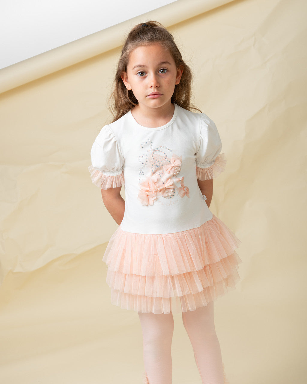 Caramelo Kids Girls Peach Cotton & Tulle Leggings Set