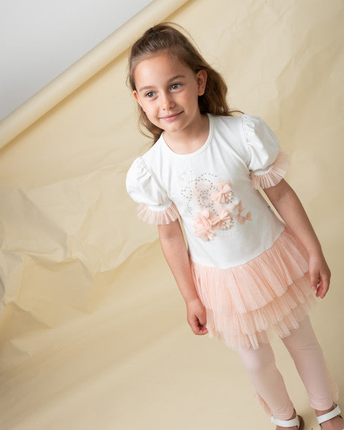 Caramelo Kids Girls Peach Cotton & Tulle Leggings Set