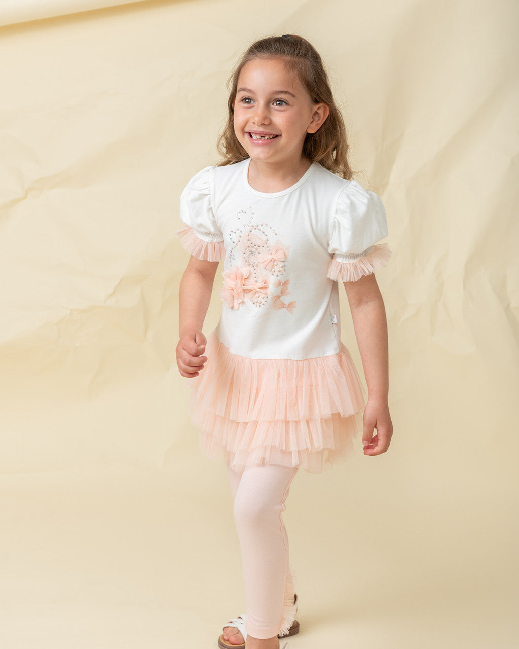 Caramelo Kids Girls Peach Cotton & Tulle Leggings Set