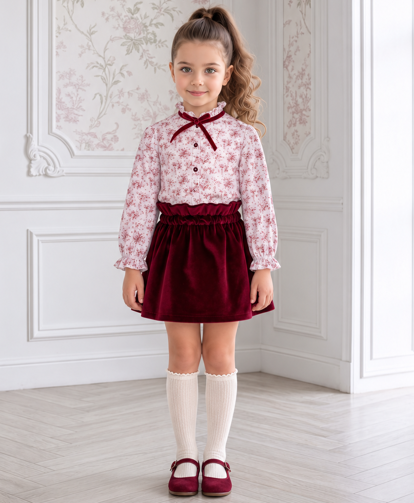 AW26 Miranda Girls Burgundy Velvet Skirt & Blouse Set
