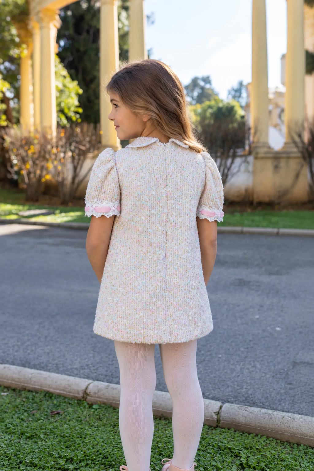AW26 Naxos Girls Pink Tweed & Tulle Bow Dress