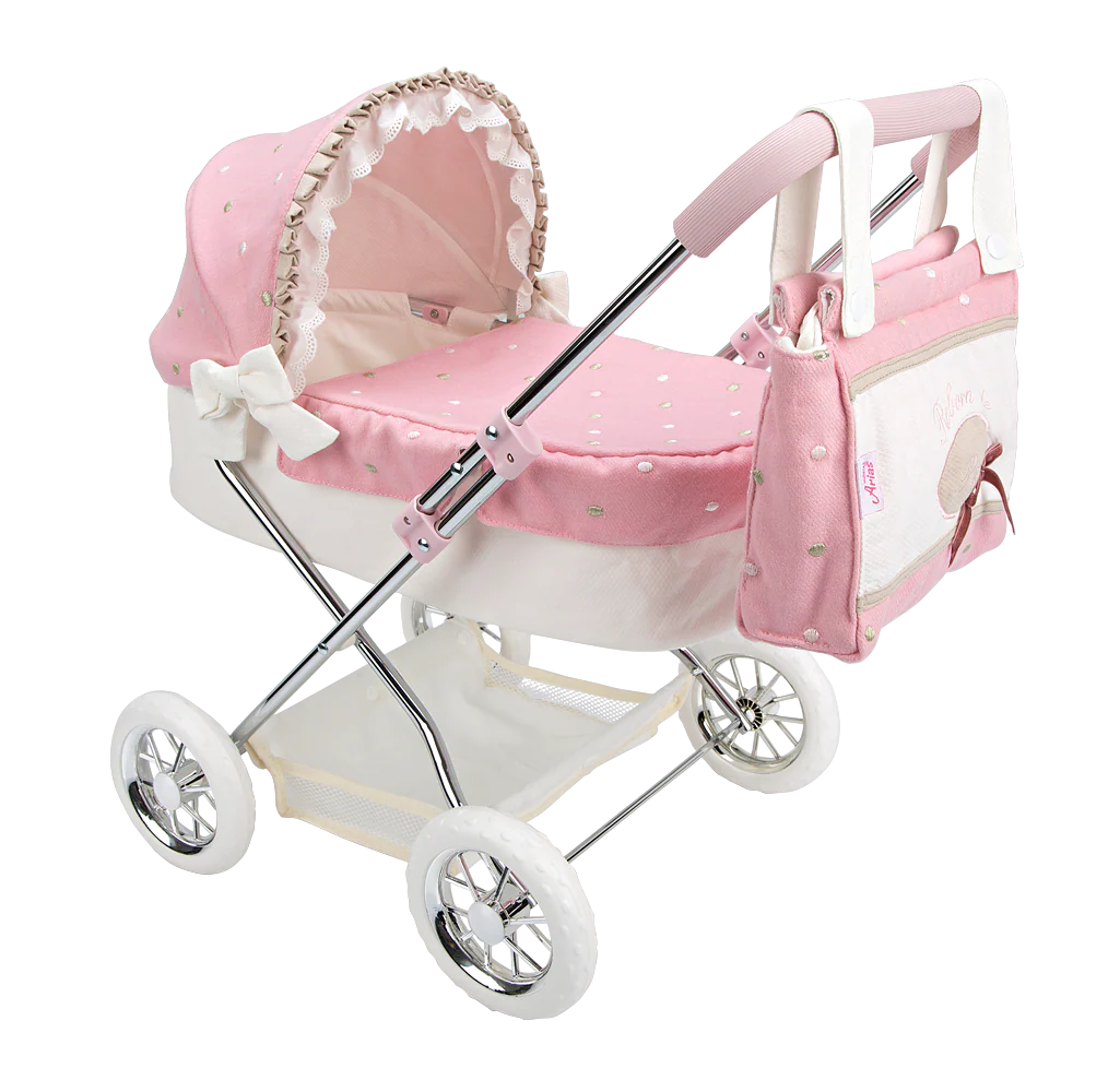 My First Reborn Folding Dolls Pram Pink & White with Matching Bag