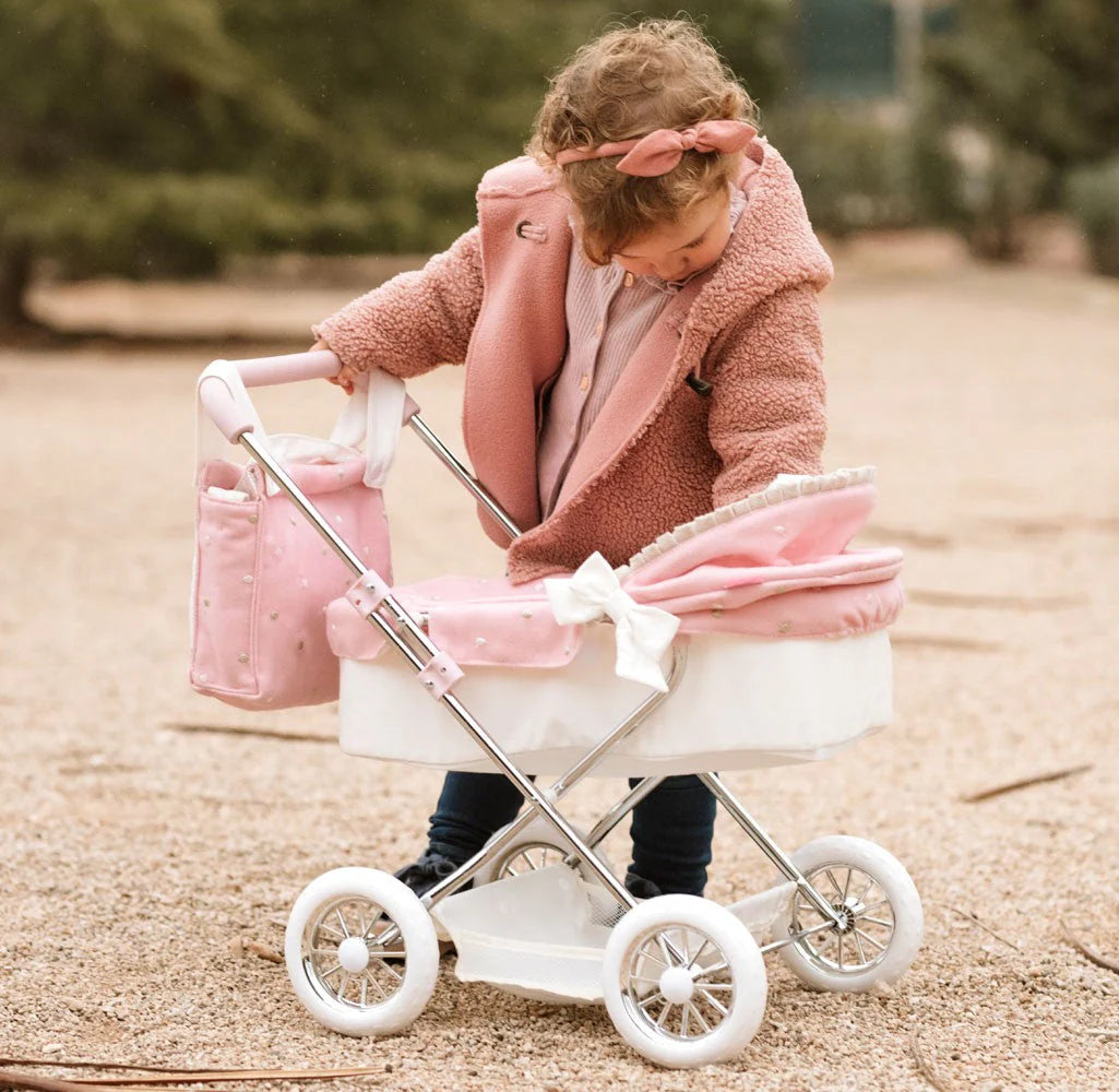My First Reborn Folding Dolls Pram Pink & White with Matching Bag