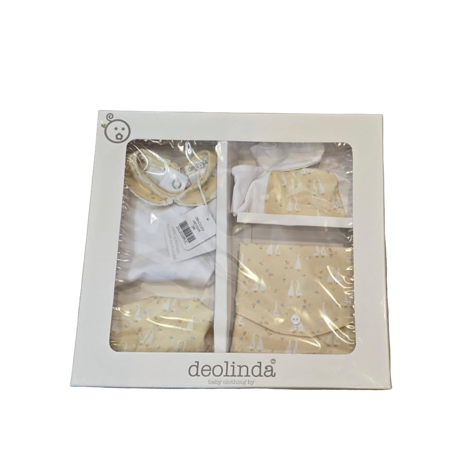 Deolinda Unisex White & Lemon Vest, Hat, Bib, Mittens and Pouch Box Set DBV231203