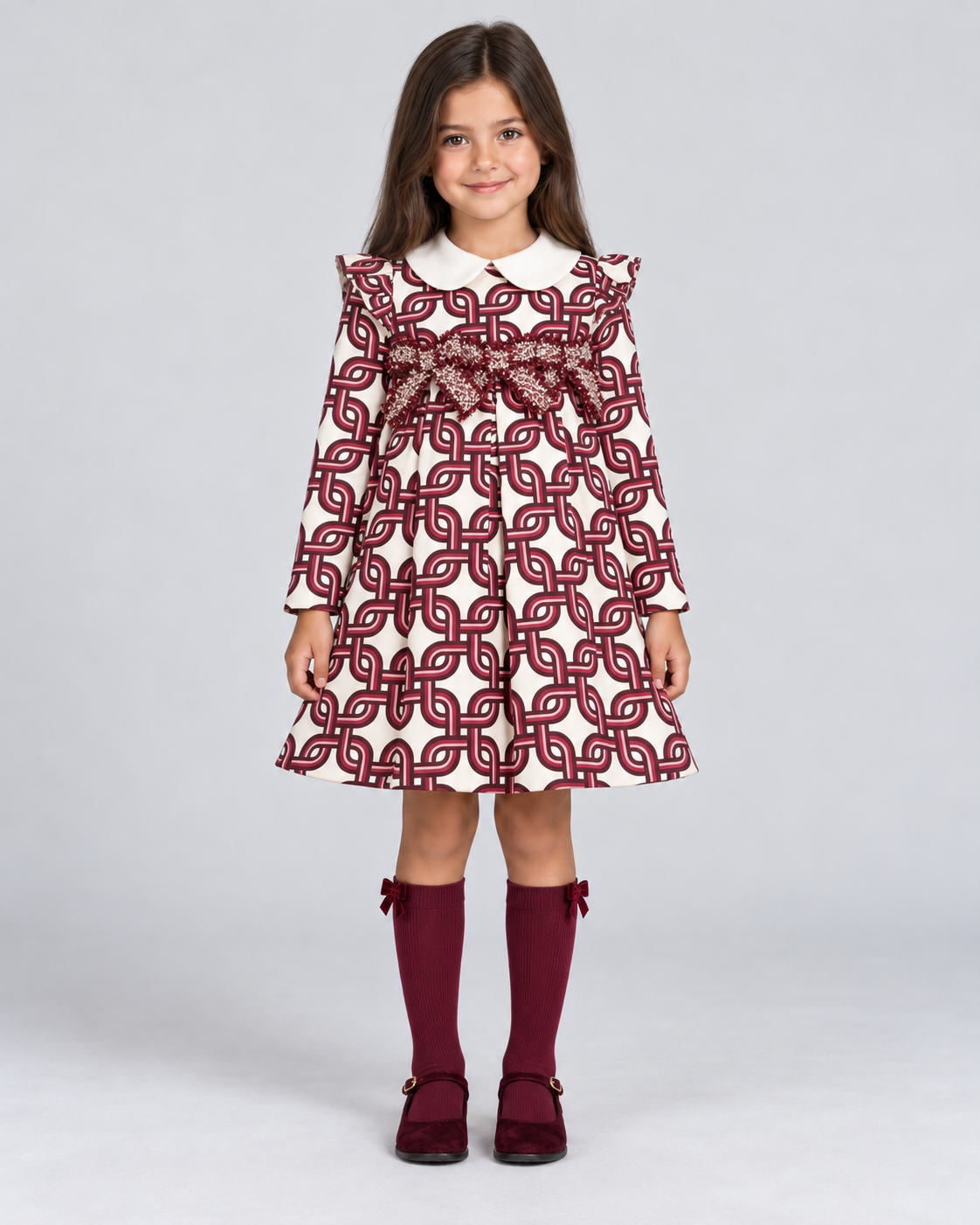 AW26 Rochy Girls Burgundy Chain Print Bow Dress
