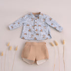 AW25 Miranda Baby Boys Blue and Camel Shirt & Short Set with Woodland Pattern