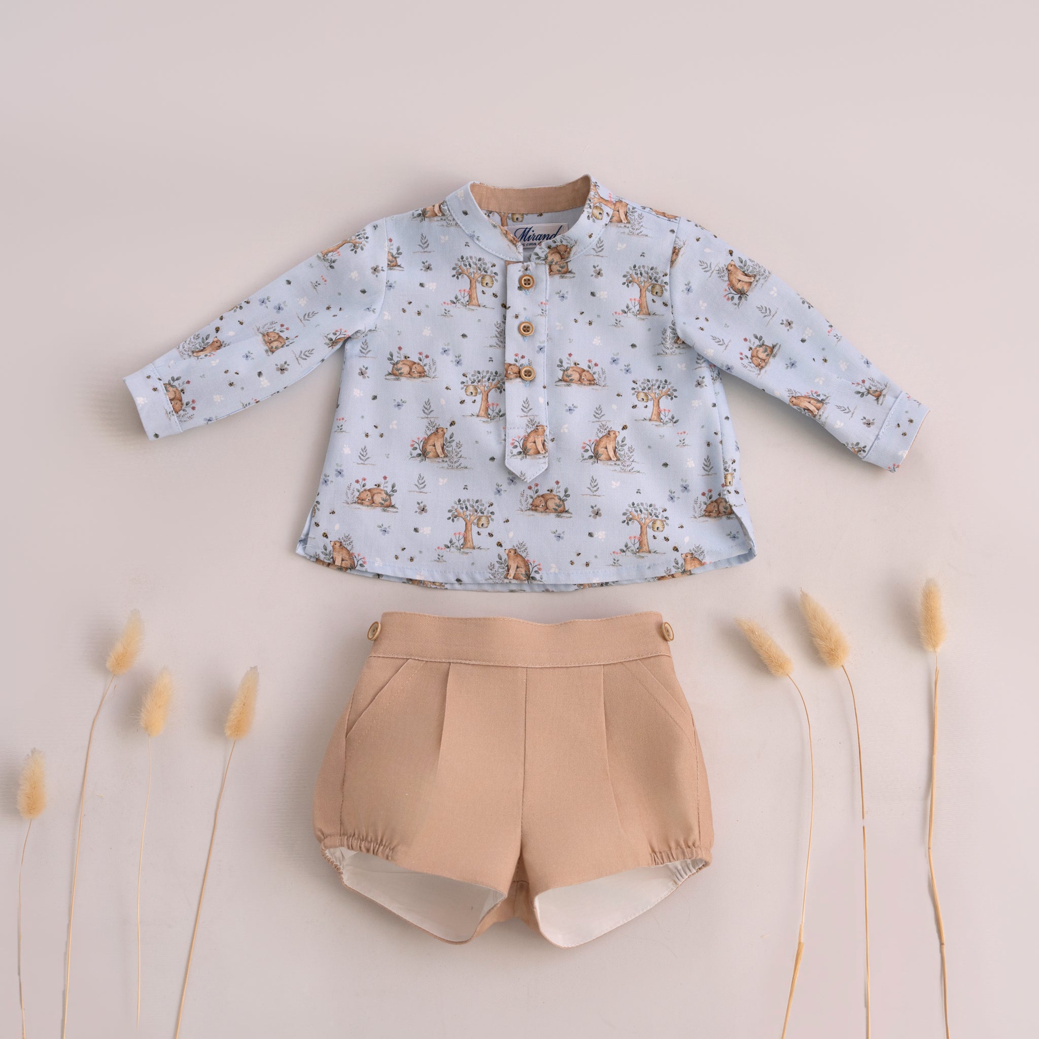 AW25 Miranda Baby Boys Blue and Camel Shirt & Short Set with Woodland Pattern