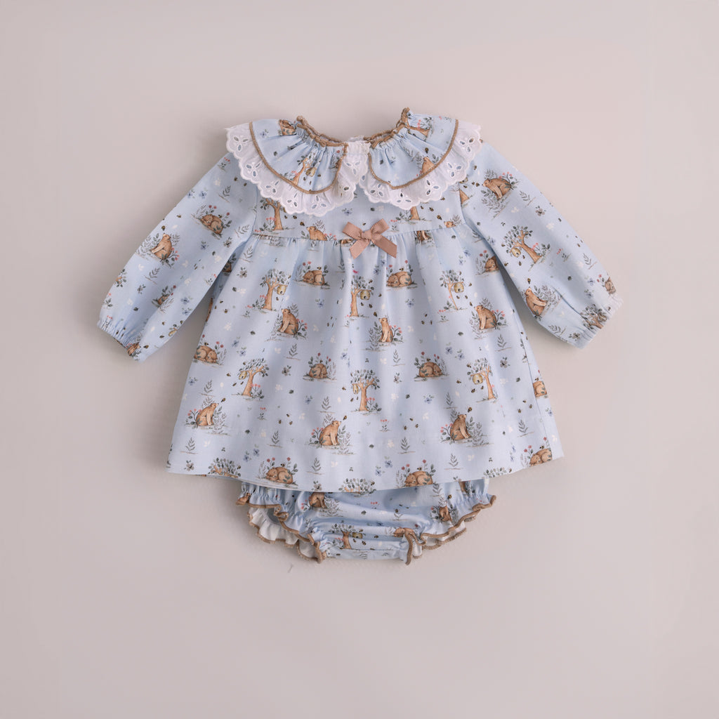 AW25 Miranda Baby Girls Blue Woodland Pattern Dress