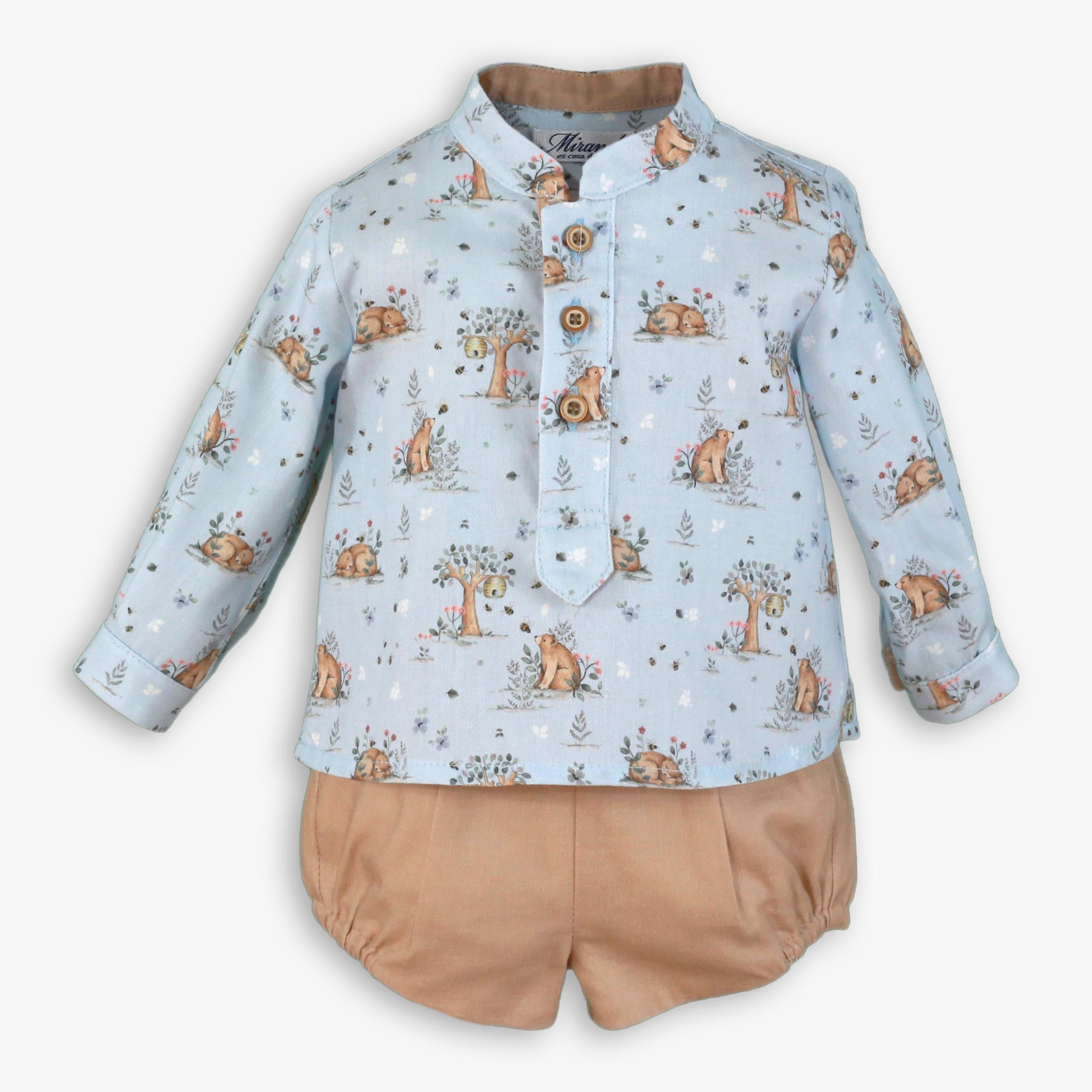 AW25 Miranda Baby Boys Blue and Camel Shirt & Short Set with Woodland Pattern