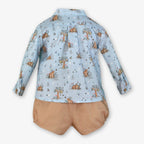 AW25 Miranda Baby Boys Blue and Camel Shirt & Short Set with Woodland Pattern