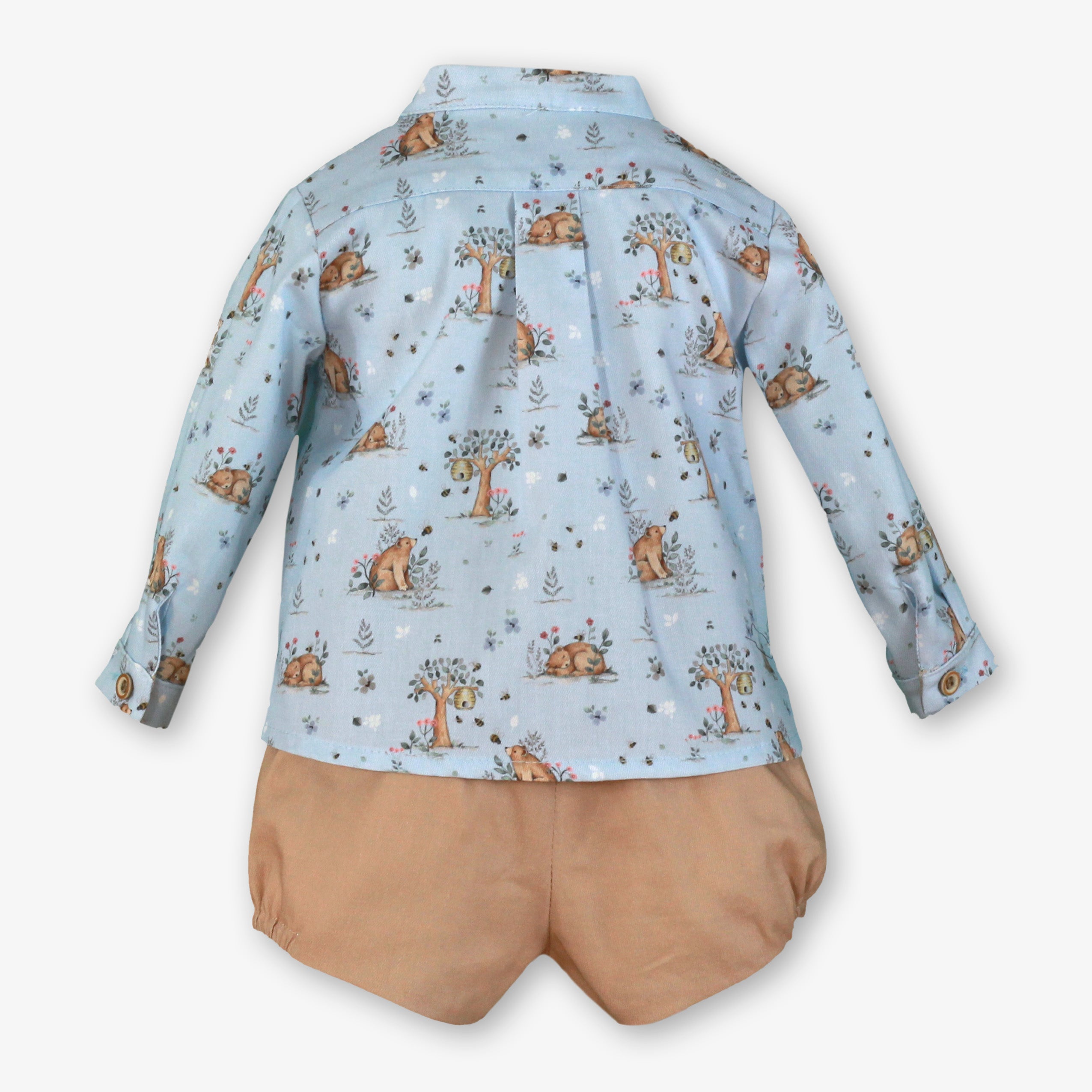 AW25 Miranda Baby Boys Blue and Camel Shirt & Short Set with Woodland Pattern