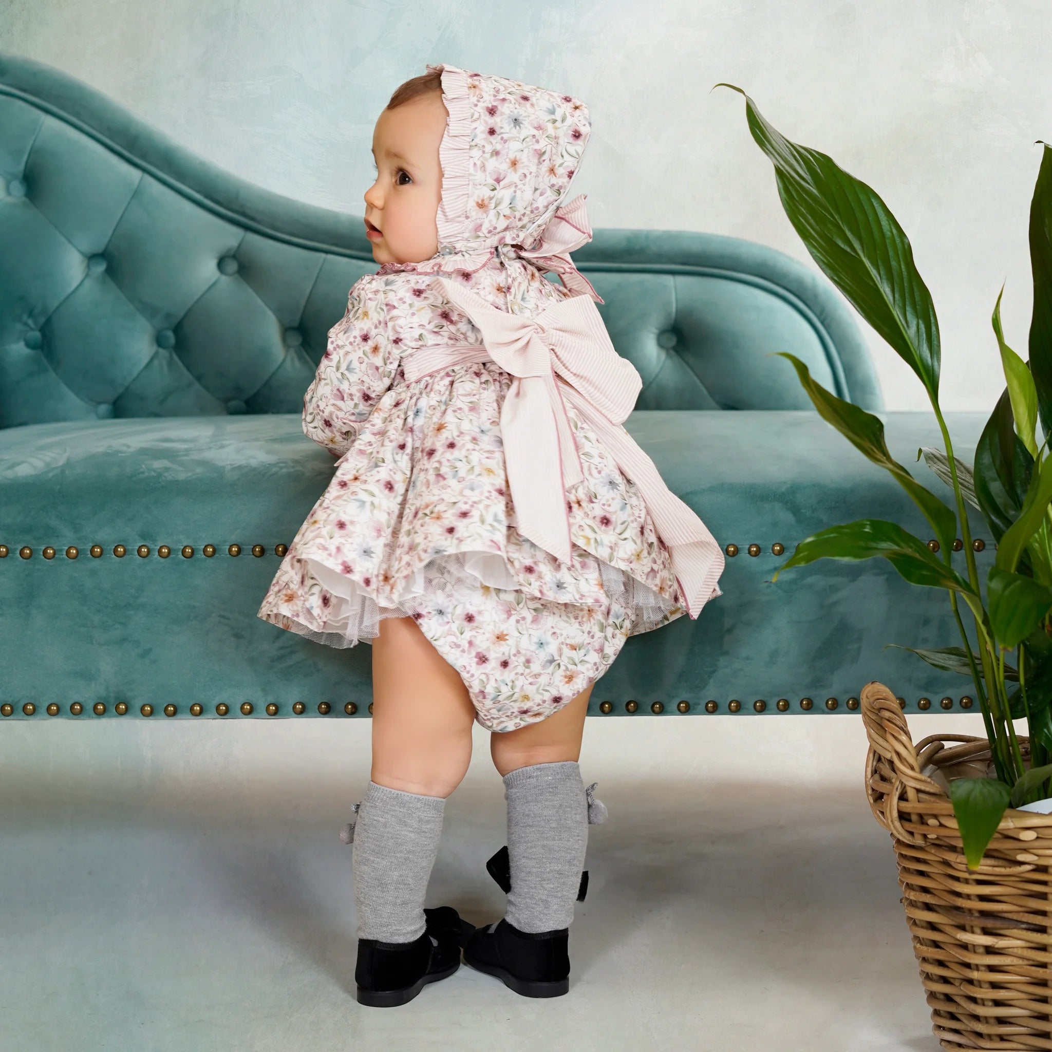 AW25 DBB Baby Girls Floral Dress with Matching Knickers and Bonnet